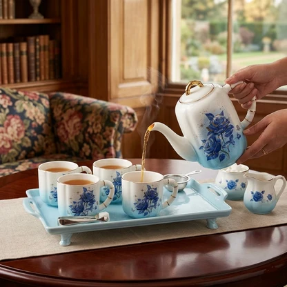 8PCs Ceramic Tea Set With Tray