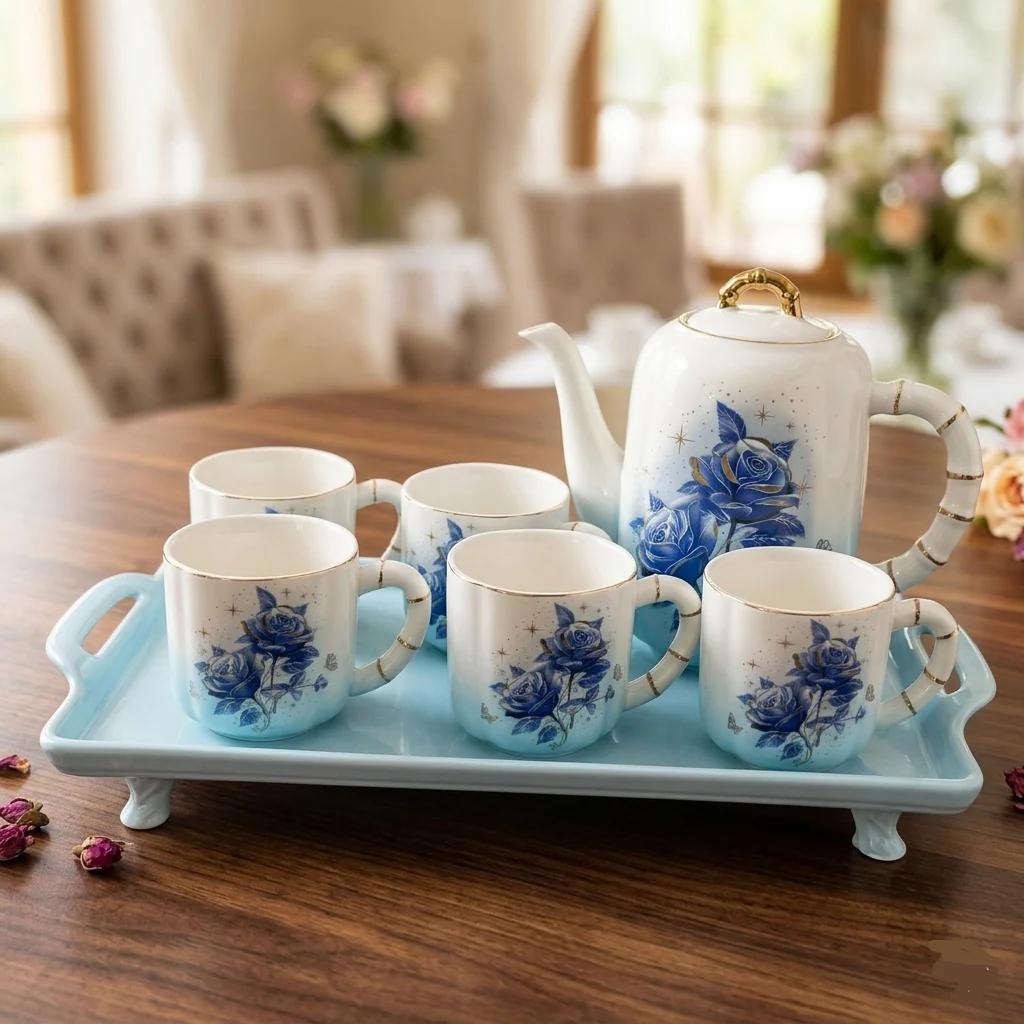 8PCs Ceramic Tea Set With Tray