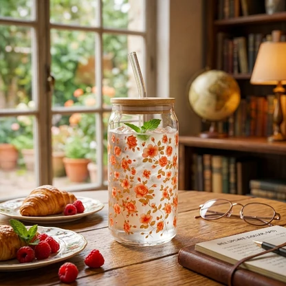 Elegant Floral Glass Mug with Wooden Lid