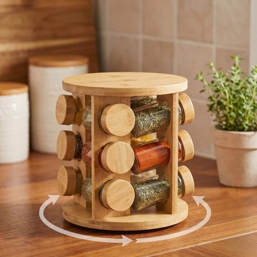 Wooden Rotating Spice Rack with 8 Glass Jars