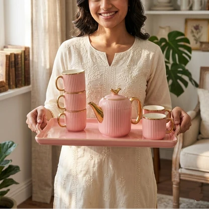 8PCs Ceramic Tea Set With Tray