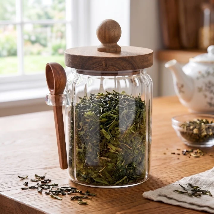 Glass Storage Jar with Wooden Lid &amp; Spoon 500 ML