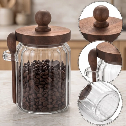 Glass Storage Jar with Wooden Lid &amp; Spoon 500 ML