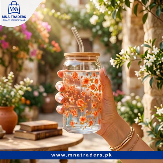 Elegant Floral Glass Mug with Wooden Lid
