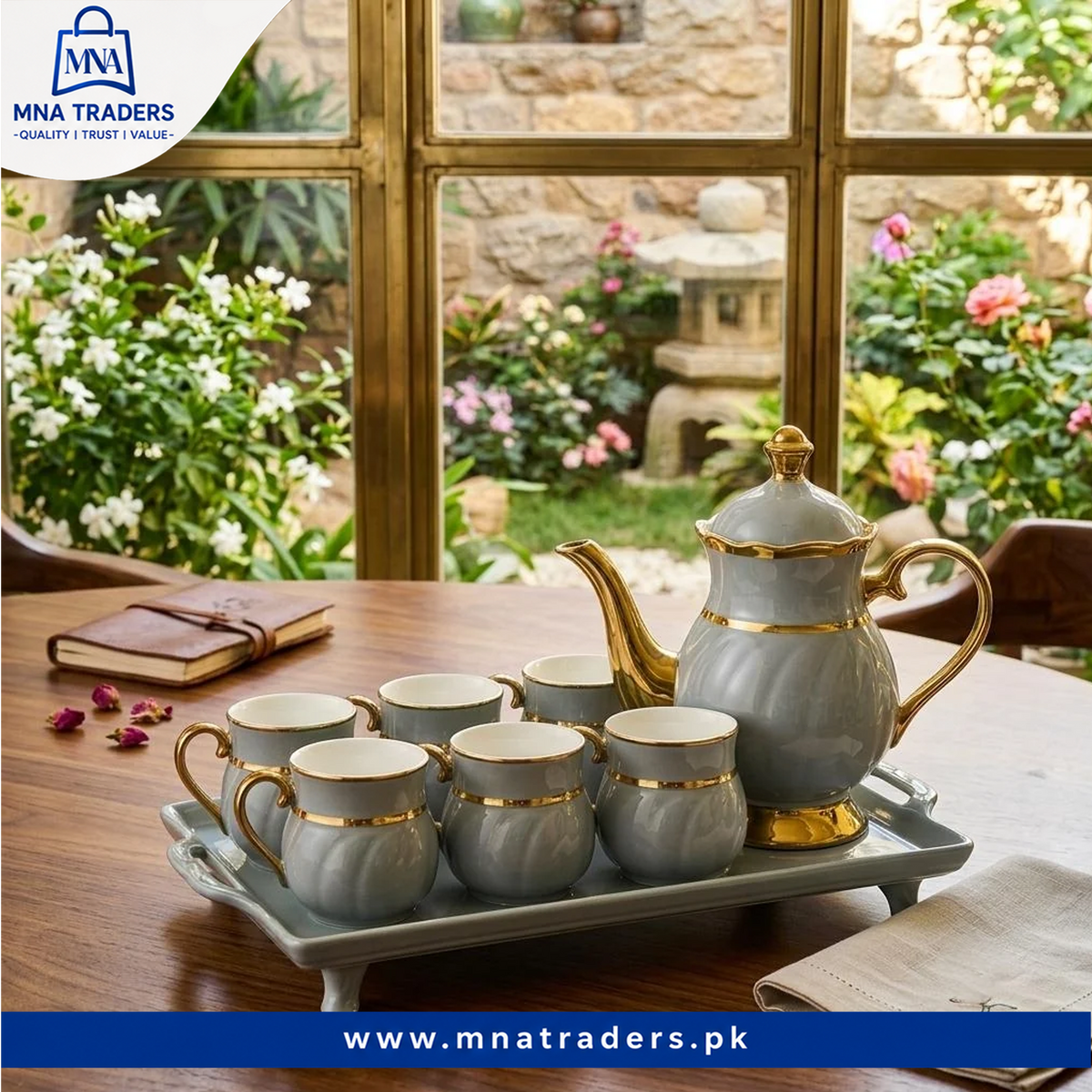 8PCs Ceramic Tea Set With Tray