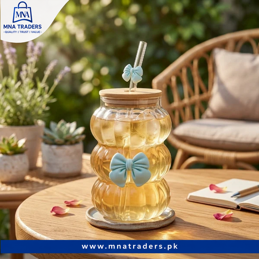 Elegant Wave Bow Glass Mug With Straw