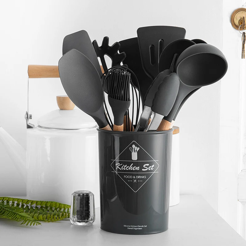 12 Pcs Silicone Kitchen Set Wooden Handle